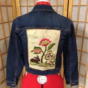 Upcycled Old Navy “Rabbit & Floral Embroidery” (Size Kids L (10-12) Denim Jacket
